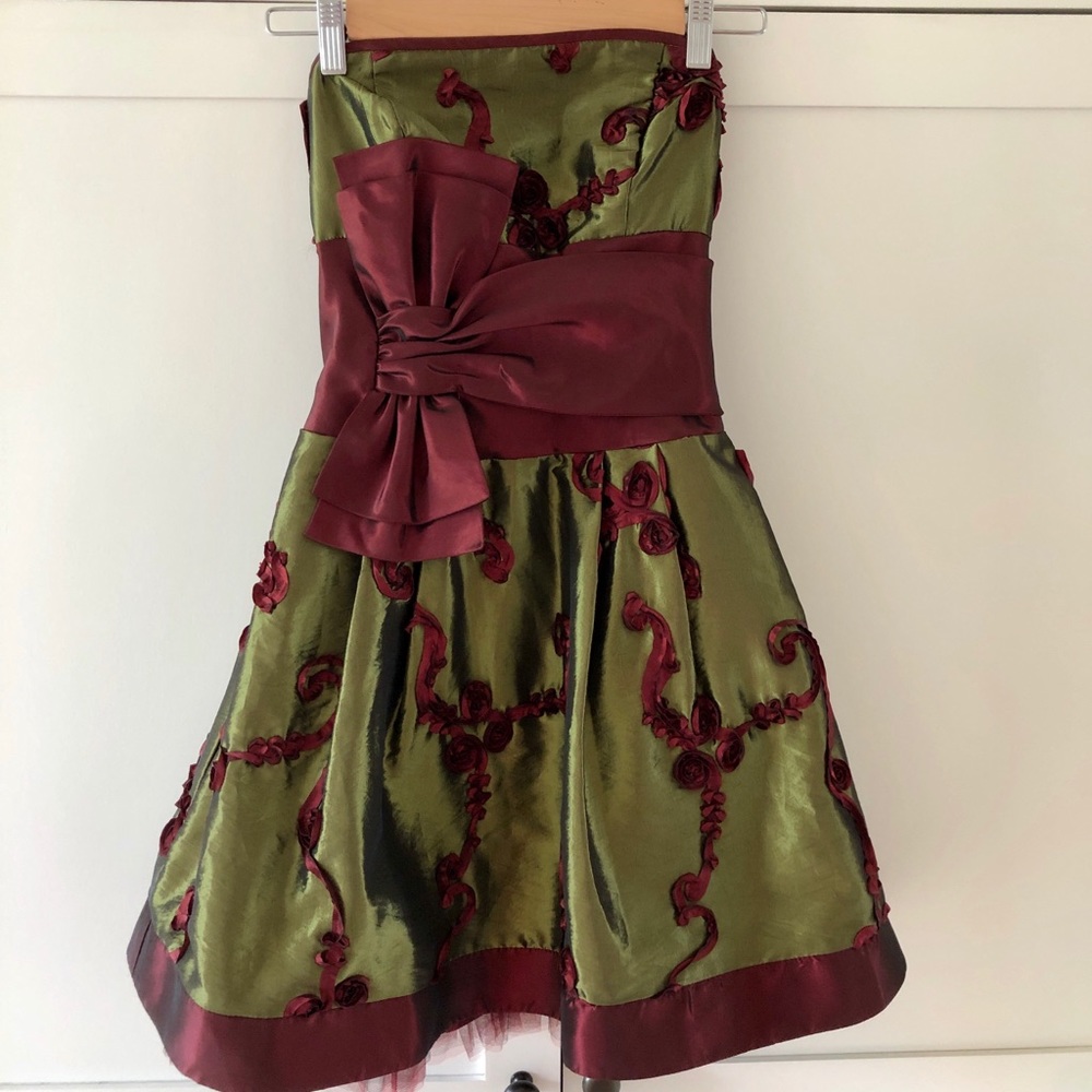 Vintage Jessica McClintock Strapless Olive & Burgundy Party Dress, size 2 - Picture 2 of 13
